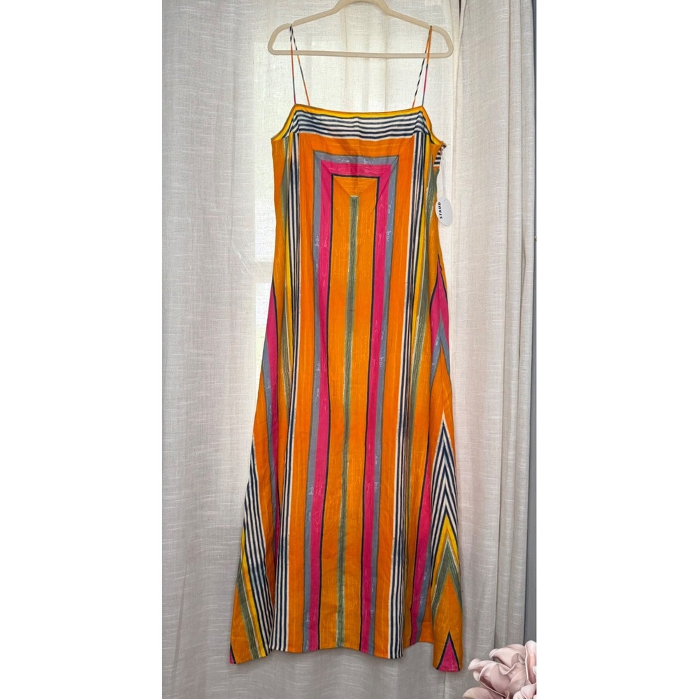NWT STAUD Laura Dress Bayadere Stripe 100% Linen Maxi Orange Women's Size Large